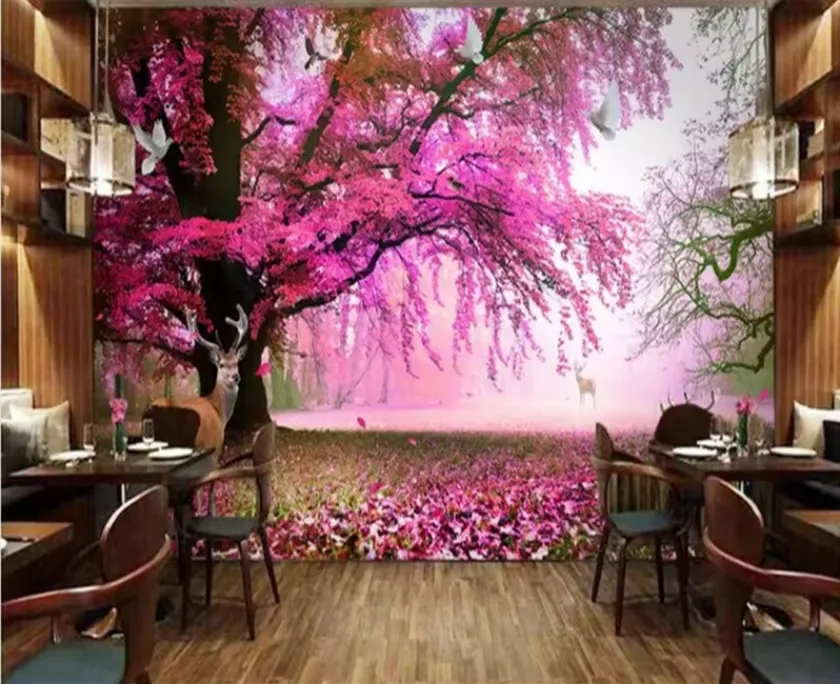 Özel fantezi Sakura ağaçları duvar kağıdı Sika geyik duvarlar duvar oturma odası yatak arka plan duvar kağıdı