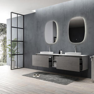 Mueble de Baño Moderno y Elegante con Espejo LED Flotante de Doble Lavabo, Encimera de Porcelana, Múltiples Cajones, Lavabo de Cerámica Montado en la Pared para Baño de Hotel - Product Image 2