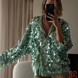 <strong>King</strong> Mcgreen Star Sequins Lace up <strong>Coat</strong> Women Glitter Party Street V-neck Female Jacket Long Sleeve Loose Autumn Holiday Lady Top - Product Image 1