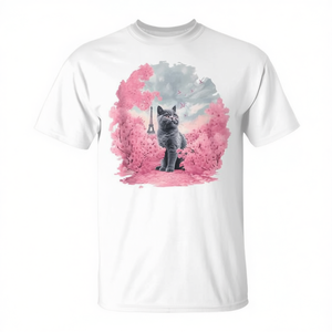 Camiseta con estampado de gato y flor de cerezo en París, camiseta gráfica con estampado digital de manga corta y cuello redondo para adultos - Product Image 2