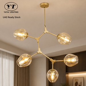 Lustre moderne en fer avec abat-jour en verre ambré, finition dorée, E27, 5 lumières, pour salle à manger, salon, décoration intérieure - Product Image 1