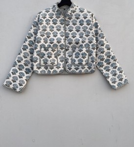Handmade Quilted <b>Kantha</b> Cotton <b>Jacket</b> Floral Print Embroidery Knitted Technique Stand Button Reversible Short Trendy Winter Coat - Product Image 2