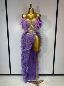 Conjunto de 2 piezas para mujer, vestido largo ajustado sin tirantes con volantes, abertura alta, para discoteca, fiesta, cumpleaños, actuación en escenario - Product Image 6