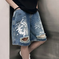 À la mode Streetwear marque Style américain peint à la main Graffiti en détresse déchiré décontracté Denim Shorts cinq Points pantalon pour hommes