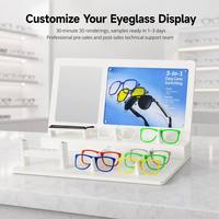 Présentoir à lunettes modulaire blanc à deux niveaux avec miroir d'essayage intégré, panneau d'affichage interchangeable et barre d'accessoires pour comptoir