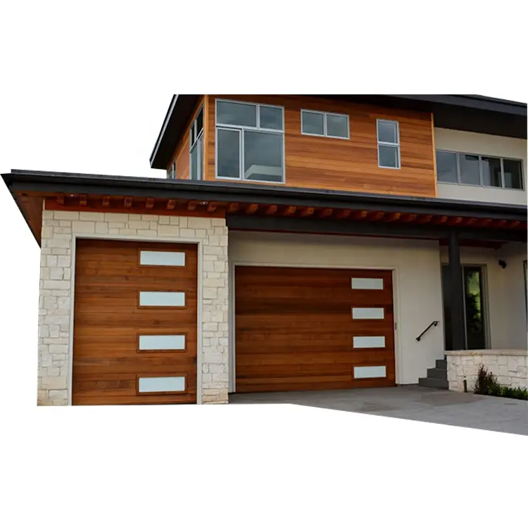 2024 contemporanea assi accenti Woodtones grano di legno in acciaio porta del Garage con finestra nera cornici e vetro colorato
