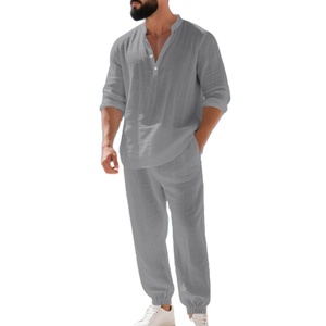 Cross Border autunno americano abito di <span class=keywords><strong>lino</strong></span> largo vacanza casa pendolarismo stile sottile camicia a maniche lunghe Set pantaloni lunghi - Product Image 3