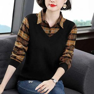 Women's Plus Size Long Sleeve <b>Patchwork</b> T-<b>Shirt</b> V-Neck Loose Fit Autumn Mother Wear Green Plaid Polo Collar Top - Product Image 3