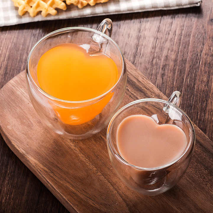 Double Wall Mug for Tea Heart Love Shaped Cup Glass Champagne Wine Milk Juice Espresso Coffee Drinkware Bar Drinking Utensils