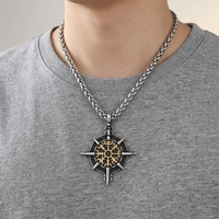 Pendentif Boussole Viking Rune Acier Titane Collier Homme Vintage Nordique Bijoux Gros Runique Amulette Poli Cadeau Bijoux