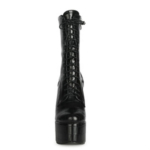 New Style Black Pure Color Stone Print Lace up Chunky Heels Platform Half <b>Knee</b> <b>High</b> Boots Round Toe Outdoor Anti-Slippery Shoes - Product Image 4