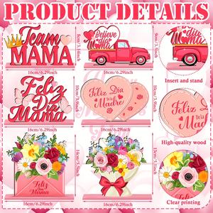 6 décorations en bois pour la fête des mères espagnoles, avec motifs floraux, papillon, camion rose et cœurs. pour les brunches printaniers et les fêtes sur la terrasse - Product Image 3