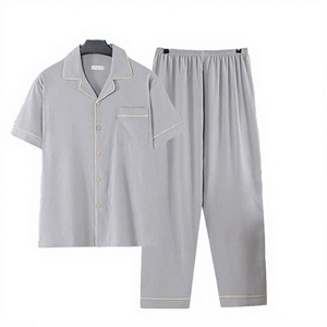 Pyjama Homme Tendance à Col Rabattu, Manches Courtes, Pantalon Tricoté, Ensemble 2 Pièces en Coton Fin et Doux pour l'Été, Tenue d'Intérieur - Product Image 3