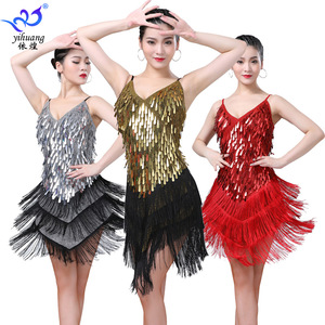 BH1805 Sling Sequin <strong>Tassled</strong> Latin Dance Performance <strong>Dress</strong> for Women Polyester Material Stage &amp; Competition Team Use - Product Image 1