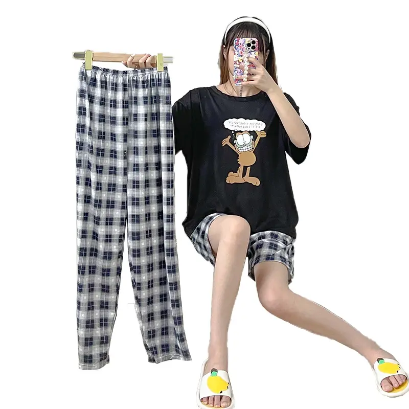 Toptan kore versiyonu güzel ev rahat ince pijama kadın bahar ve yaz kısa kollu pantolon şort üç parça set