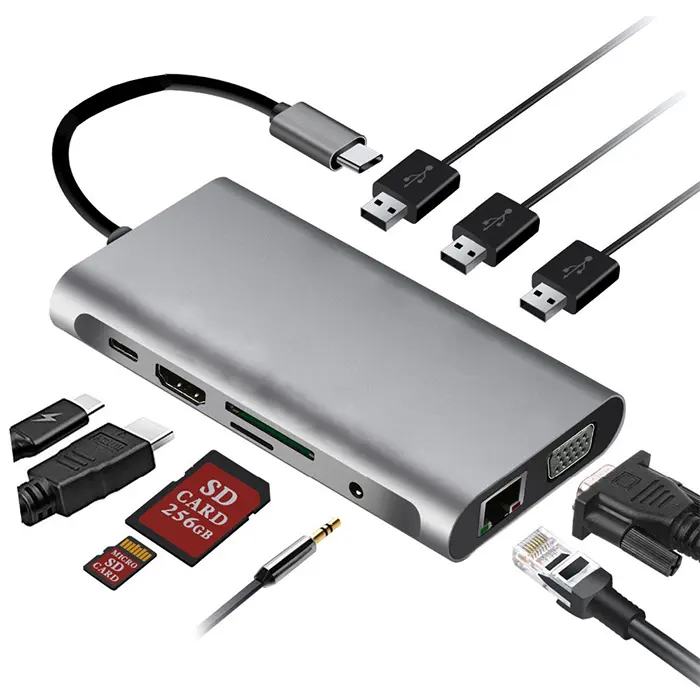 12 in 1 USB C a doppio Hub con Ethernet,VGA, Audio, USB a 4 porte, scheda SD/TF, porte tipo C 12 per Macbook Pro