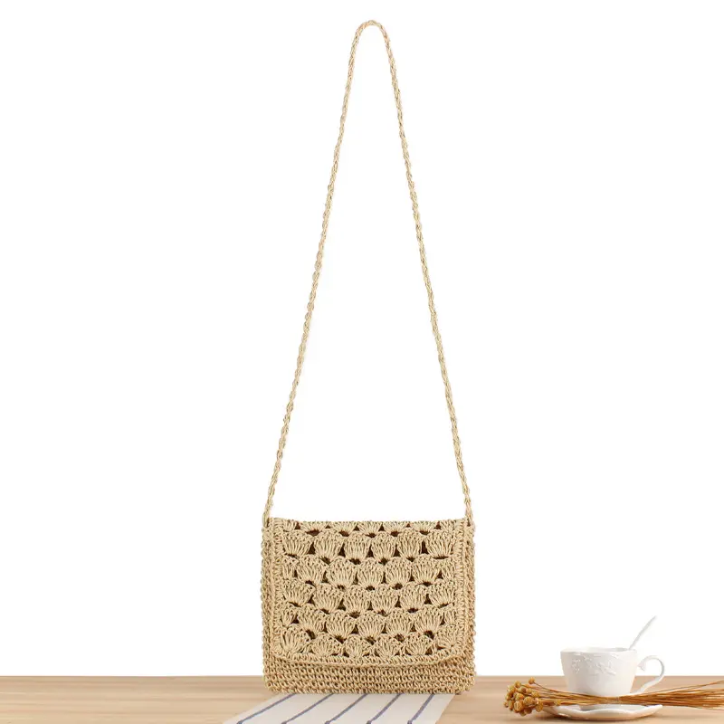 حقيبة صغيرة مربعة الشكل بحبل ورقي بلون سادة، حقيبة كروس على شكل مروحة، حقيبة شاطئ منسوجة ومصنعة يدويًا