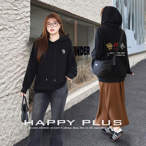 Sweat-shirt à capuche ample pour femme Happy Plus, noir jais, grande taille, automne-hiver, décontracté, tricoté, avec étiquette N9052 - Product Image 5