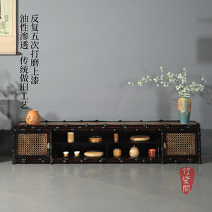 Bamboo TV Cabinet Lacquered Openwork Storage Chinese Style Floor Mount Living Room Furniture - Product Image 4