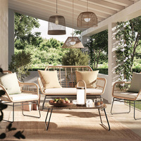 Ensemble de canapé moderne en rotin PE imperméable à rayures horizontales, en forme de U, avec structure en fer, une place, deux places, résistant aux UV, avec plateau latéral en verre trempé