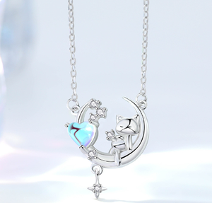 Collar de Plata de Ley S925 con Luna Creciente, Gatito, Corazón de Cristal Aurora, Joyería Estética Fairycore, Regalo para Adolescentes y Mujeres Jóvenes - Product Image 6
