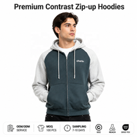 Sweat à capuche unisexe zippé contrastant en molleton épais, manches raglan, style streetwear, vente en gros, personnalisation OEM, sweats en gros unisexe