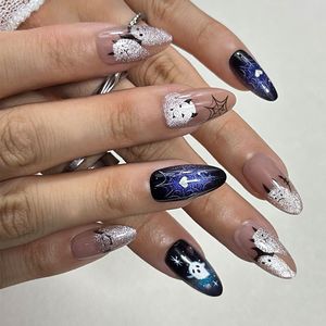 Uñas postizas de almendra para Halloween, pintadas a mano con efecto ojo de gato, uñas fantasma modernas, espeluznantes y elegantes, uñas postizas reutilizables, arte de uñas gótico - Product Image 3