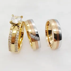 典型的3件三色结婚戒指情侣戒指订婚新娘套装男女金色不锈钢饰品