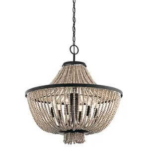 American Retro Chandelier Living Room Bedroom Loft Wood Bead Hanging Light Vintage Kitchen Pendants Light