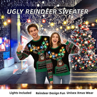Pull de Noël moche FNJIA pour homme et femme, avec rennes lumineux LED et lunettes, en jacquard tricoté, idéal pour les fêtes de fin d'année