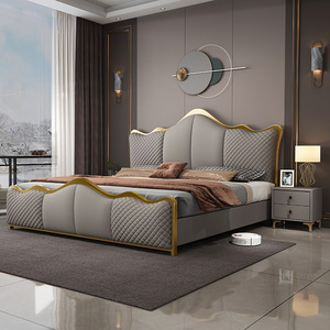 Cama de cuero tapizada de lujo, nuevo diseño, marco dorado, cama tamaño King Queen para el hogar, Hotel, apartamento - Product Image 4