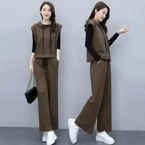Women's Three Piece Suit Set Hooded Sleeveless Top Wide Leg Pants Casual Wear Black Coffee Color Polyester Knitted - Product Image 1