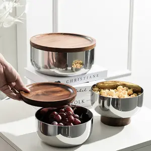 Portable Stainless steel bowl with acacia wood lid Wall Stainless Steel Bowl With Bamboo Lids Wood Cover Insulated Rice bowl