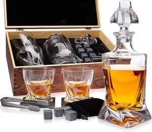 Online Hot Selling High Quality Creative Wood Box Packed Whiskey Stone Wine Glasses Decanter Set For Father's Day