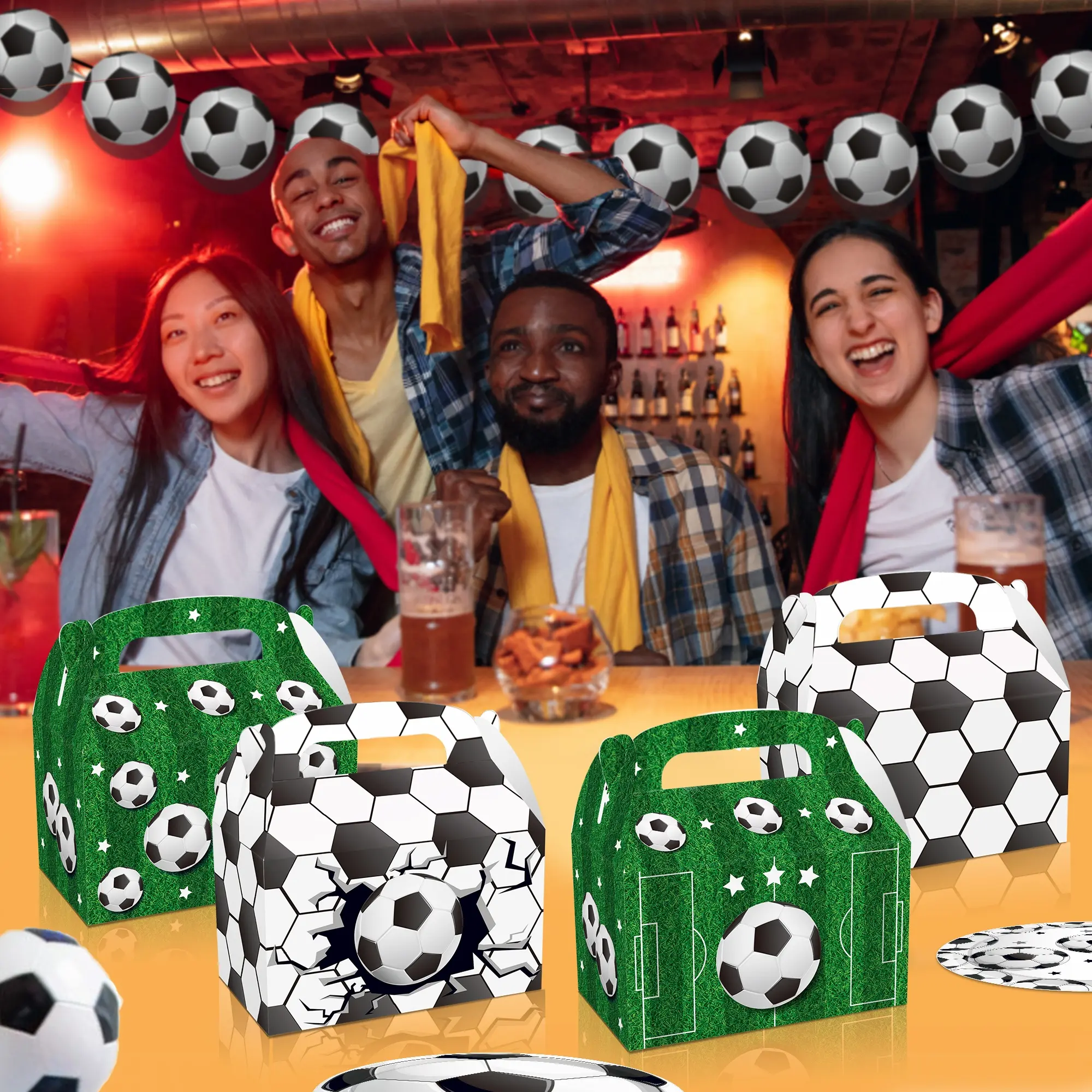 12Pcs Bebê Chuveiro Decorações do Partido Jogo Legal Esportes Futebol Festa de Aniversário Bolo de Papel de Embalagem Caixas de Presente De Futebol Portátil