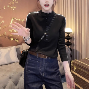 Women's Stand-Up Collar Long Sleeve Knit <b>Top</b> Red And Black Polyester Soft Slim Fit Autumn Winter Inner <b>Layer</b> Wear - Product Image 3