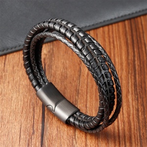 Wholesale Leather Cuff Bracelet <b>Bangles</b> Stainless Steel Clasp Genuine Leather Bracelet Multi-Layer Braided <b>Mens</b> Leather Bracelet - Product Image 1