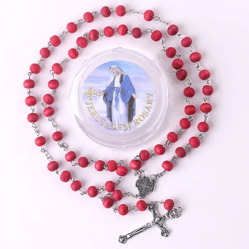 Religious Catholic Jewelry Charm Pendant Chain Necklaces 6mm Rose Scented Red Wooden Beads Rosary with Virgin Mary Box