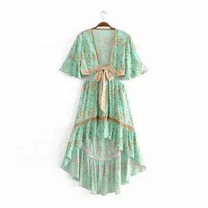 Boho Inspired 2 piece set women green floral print set summer dress straps pleated mini boho dress gypsy beach women dress 2020