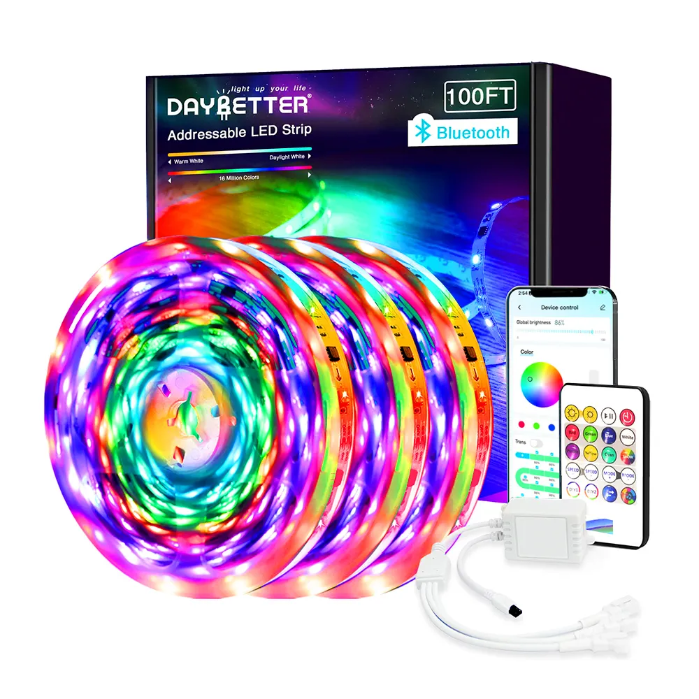 5050 RGB IC 30m 100ft IP20 Individual Addressable Dreamcolor Bluetooth Daybetter App IR Remote Control Smart RGB LED Strip Light