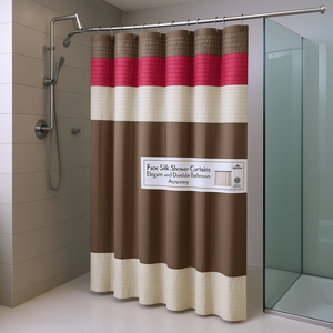 Cortina de Ducha de Seda Sintética, Diseño Moderno y Minimalista, Rayas Marrón, Rosa y Beige, Accesorio de Baño - Product Image 2