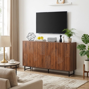 Mid-Century Modern <b>Walnut</b> <b>Sideboard</b> Buffet Cabinet Geometric Carved Storage Metal Legs Multi-Purpose Credenza Home Furniture - Product Image 1