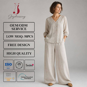 Joydressing Set Due Pezzi in <span class=keywords><strong>Lino</strong></span> per <span class=keywords><strong>Donna</strong></span>, Top Ricamato con Scollo a V e Bottoni, <span class=keywords><strong>Pantaloni</strong></span> a Gamba Larga, Prezzo di Fabbrica, Basso MOQ - Product Image 1