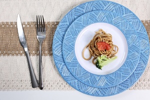 Mới Nhất Cao Cấp Sang Trọng Kết Cấu Màu Xanh Thiết Kế Nổi Giỏ Dệt Cạnh Tấm Phục Vụ Khay Bát Loạt Melamine Bộ Đồ Ăn - Product Image 5