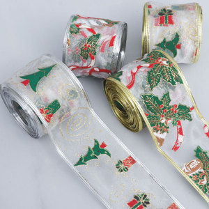 Pita Organza Berbahan Kawat dengan Cetakan Foil Natal, Pinggiran Emas Perak, untuk Dekorasi Pohon Natal, Kotak Hadiah, dan Pembuatan Pita Dekoratif - Product Image 1
