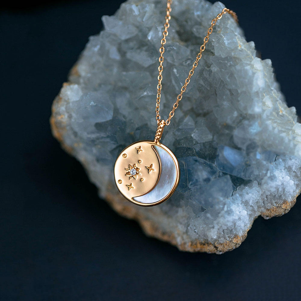 Star Moon Fairy Tale Pure 925 Sterling Silver Zircon Shell Inlaid Round  Pendant Necklace for Women Girls Jewelry