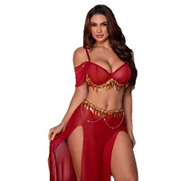 Ensemble de lingerie 3 pièces pour femme, style exotique, avec chaîne à pampilles dorées, haut épaules dénudées, jupe longue fendue en maille transparente, tenue intime