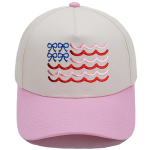 Gorra de Béisbol Bordada con Lazo y Bandera, Bicolor Beige y Roja, de Algodón, Estilo Coquette Patriótico de EE. UU. para Verano - Product Image 2