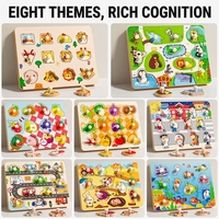 Planche de puzzle en bois à poignées pour tout-petits et enfants, jouet éducatif Montessori avec boutons, formes d'animaux, de fruits et de véhicules, 8 thèmes
