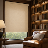 Stores enrouleurs modernes en tissu texturé beige, à commande manuelle, avec perles, pour la filtration de la lumière et l'intimité des fenêtres de chambre